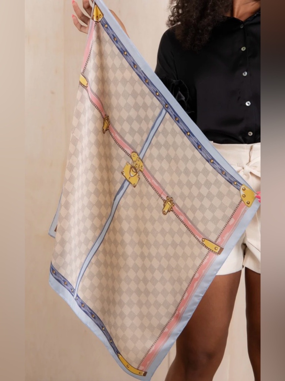 Beige Checkered Scarf with Pastel Blue & Pink Trim